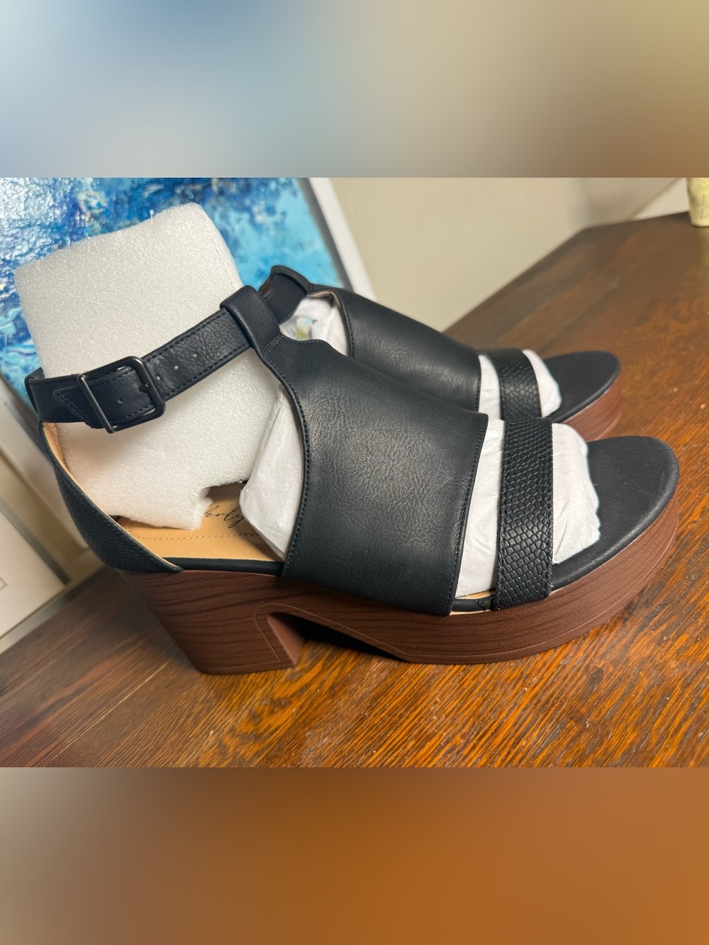 Wonderly Emilia Black Leather Platform Sandals with Wood-Effect Heel